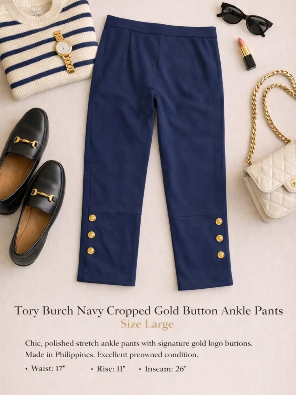 Tory Burch Navy Cropped Gold Button Ankle Pants Size Large